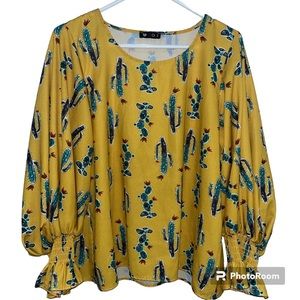 Vision USA Yellow Cactus Print Pullover Smocked Balloon Sleeve Top size Large